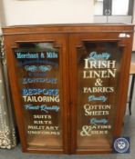 A Victorian and later inlaid mahogany display cabinet with Irish linen advertising,