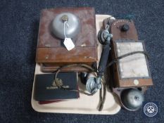 A tray containing an Edwardian Parson's Sloper Secret Service telephone together with a telephone