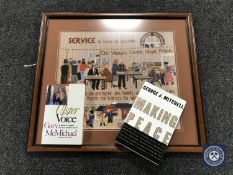 A framed Quaker tapestry style print together with two signed books; Senator George G.