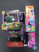 A box of assorted toys - Turtles Raphael deco lights, DC Batman figure,