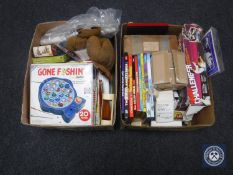 Two boxes of vintage board games, toys, children's annuals,