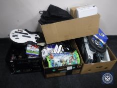 Five boxes of PC accessories, soft furnishings, collector's plates,