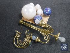 A box of brass hanging ceiling light with four Ditchfield glass shades together with a pair of
