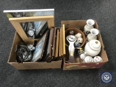 Two boxes of alarm clocks, framed prints, mirror, china,