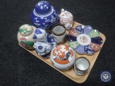 A tray of Oriental china including brush pots, lidded ginger jars, teapot etc.