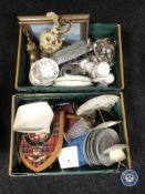 Two baskets of assorted tea china, cake stand, wooden candlesticks,