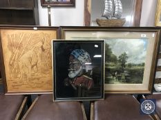 A framed painting on fabric of an Indian soldier together with a print and a framed tooled leather