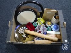 A box of wooden picture frames, Woods meat plate, rolling pin, Dominoes,