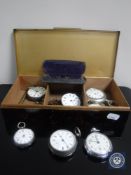A box of seven assorted pocket watches and fob watches, some with silver cases,