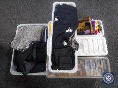 Five plastic storage boxes containing vintage and later clothing