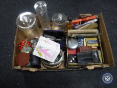 A box of silver plated goblet, twentieth century glass ware, vintage tins,