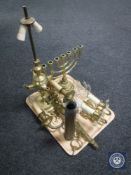 A tray of ammunition shell, gilt metal light fittings,