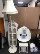 A white dining chair, painted standard lamp, double door cabinet, jewellery casket,