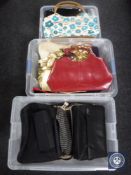 Three plastic storage crates containing hand bags and purses CONDITION REPORT: