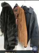 Two gent's leather jackets and a simulated fur coat