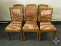 Six early 20th century dining chairs in red striped fabric