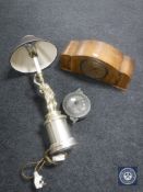 An Art Deco mantel clock together with a pewter lidded bowl and a figural table lamp