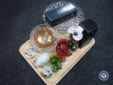 A tray of Victorian and later glass ware, cranberry glass jug, hand painted green glass jug,