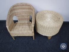 A wicker child's chair and a circular stool