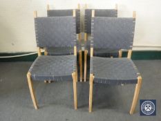 Four pine framed Mobelsnedkeri dining chairs in webbed fabric