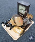 A tray of American mantel clock, musical jewellery box, wooden galleon,