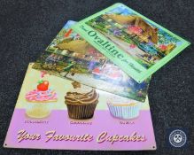 Three reproduction metal signs including Ovaltine,