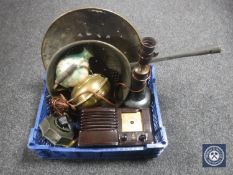 A basket of assorted copper ware, bronze ink well,