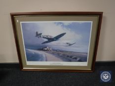 A mahogany framed signed limited edition print, Enniskillen over Bamburgh, by Mark Postlewaite,