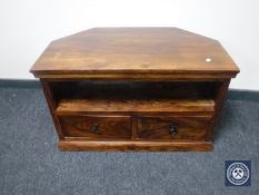A contemporary corner television stand fitted two drawers