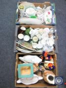 Three boxes of assorted china, tea china, Staffordshire dog,