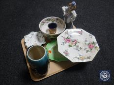 A tray containing a Spanish figure, clown with violin, antique floral pottery vase,