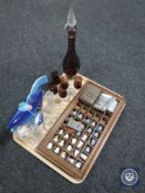 An abstract pottery teapot, glass ware, thimble stand containing Wedgwood and other thimbles,