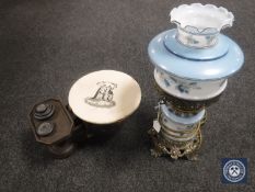 A brass and glass oil lamp with shade and chimney (converted),