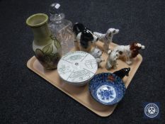 A tray of lead crystal whiskey decanter, Langley pottery vase, china quick cooker,