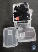 Six plastic storage crates containing assorted lady's clothing