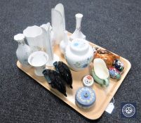 A tray of assorted china including Wedgwood Jasper ware trinket dish, two Poole dolphins,