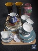 A tray of twenty-one piece Wedgwood garden tea service, wall plates, Maling vase,