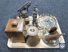 A tray containing a walnut tea caddy, antique copper measure, Victorian mirrored stand,
