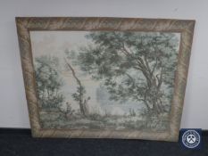 A large tapestry panel depicting figures by a river