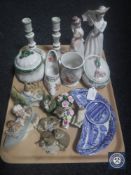 A tray of Spode blue and white dish, Border Fine Arts figures, mice,