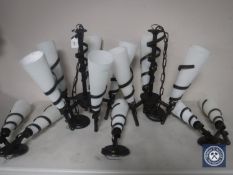 A metal five way light fitting with fluted glass shades, with matching three way light fitting,