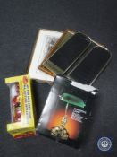 A boxed banker's desk lamp together with a brass framed three-way folding spark guard,