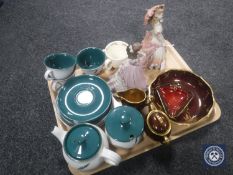 A tray of two Coalport Age of Elegance figures, twelve pieces of Denby ware,
