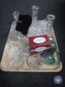 A tray of assorted glass ware, lead crystal dressing table set, miniature vases,