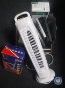 A box of electric wall clocks, angle poised lamp, retro clock radio,