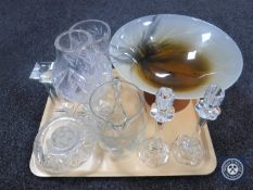 A coloured glass paperweight, assorted glass ware, vase, water jug,