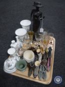 A tray of nine pieces of Wedgwood Chinese Legend cabinet china, shoe ornaments, assorted glassware,