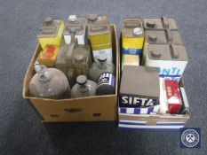 Two boxes of vintage tins, oil cans,