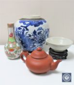 A tray of Chinese Canton porcelain famille rose baluster vase, height 15cm,