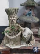 Three garden figures - rabbit planter,
